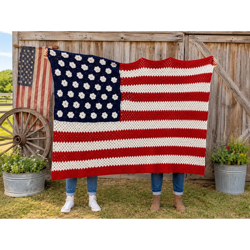 Handmade Red White Blue American Flag Crochet Blanket Throw Grandmacore